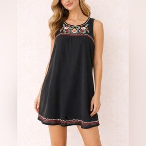 Flying Tomato Black Sleeveless Embroidered Swing Dress